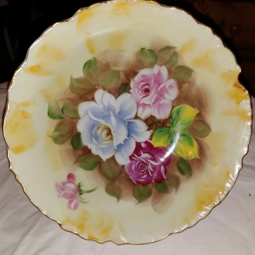Vintage Enesco Display Bowl Hand Painted Red, Pink & Blue Roses Ruffled Edge